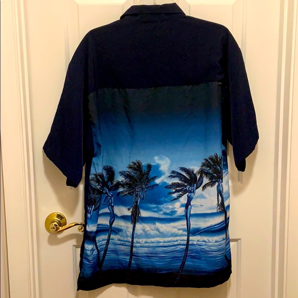 Vintage Rietveld Men’s Blue Tropical Beach Hawaiian Pin-up Hula Girls Y2K